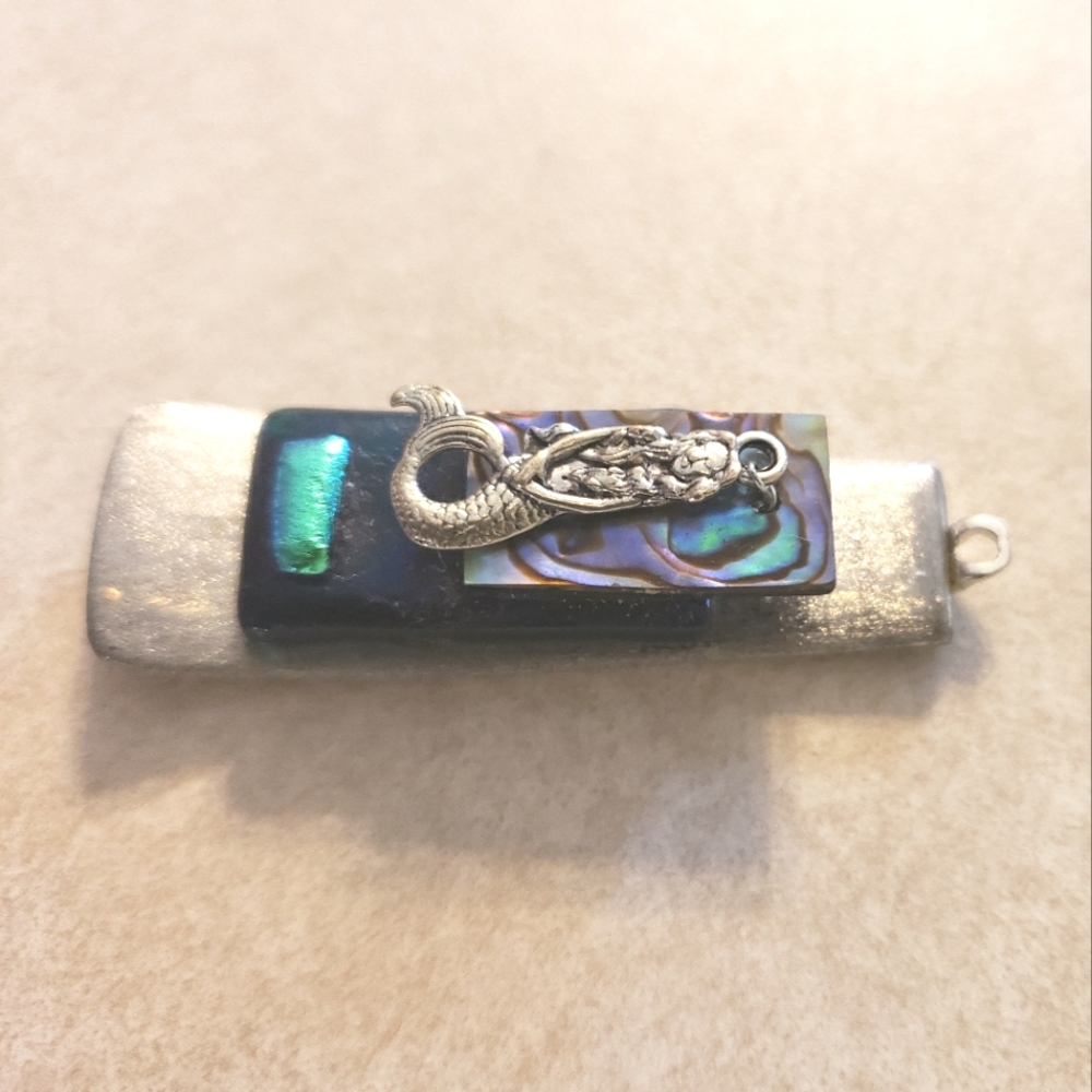 Handmade One-of-a-Kind Spoon Pendant w/ Mermaid, Mother of Pearl, & Fused Glass